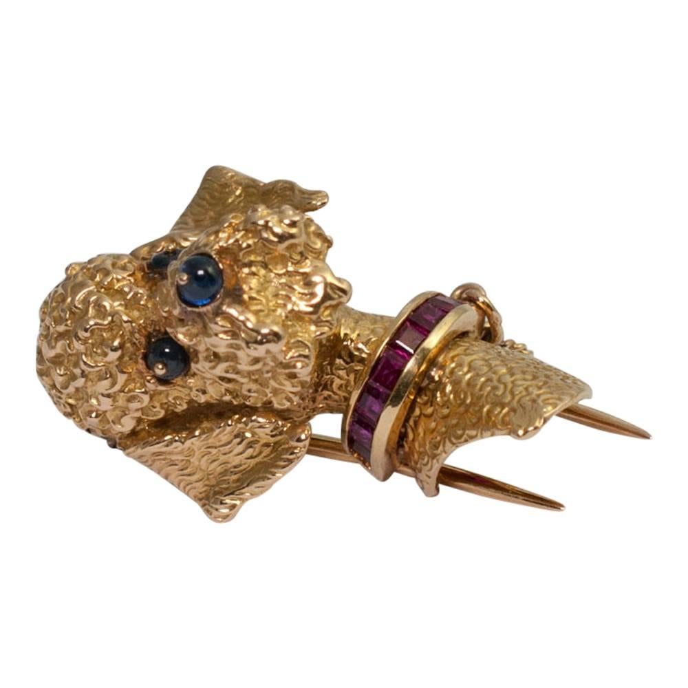 Poodle Sapphire Ruby Gold Brooch In Excellent Condition In ALTRINCHAM, GB