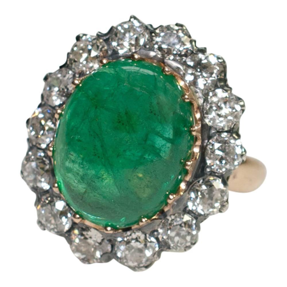 Late Victorian Antique Victorian Cabochon Emerald Diamond Silver Ring For Sale