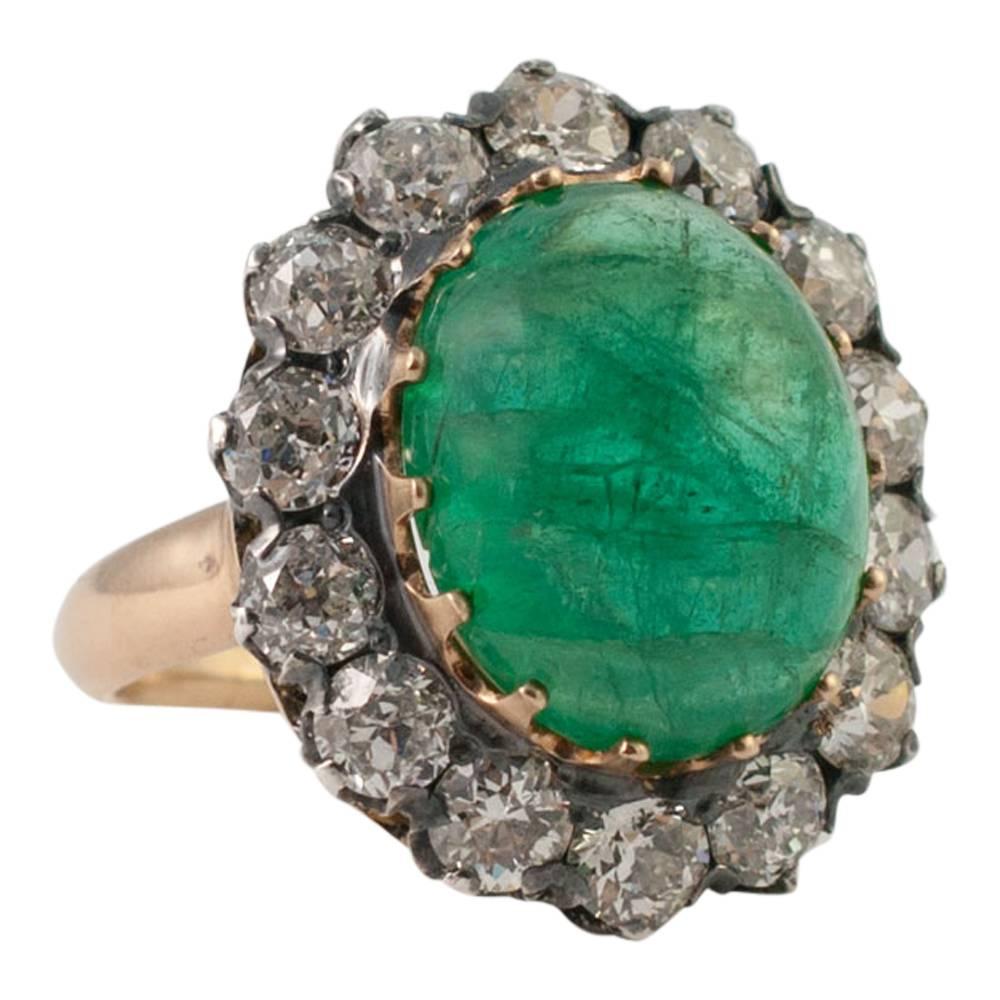 Antique Victorian Cabochon Emerald Diamond Silver Ring In Good Condition For Sale In ALTRINCHAM, GB