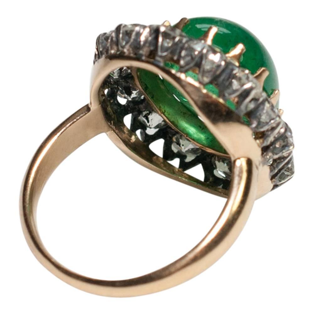 Women's Antique Victorian Cabochon Emerald Diamond Silver Ring For Sale