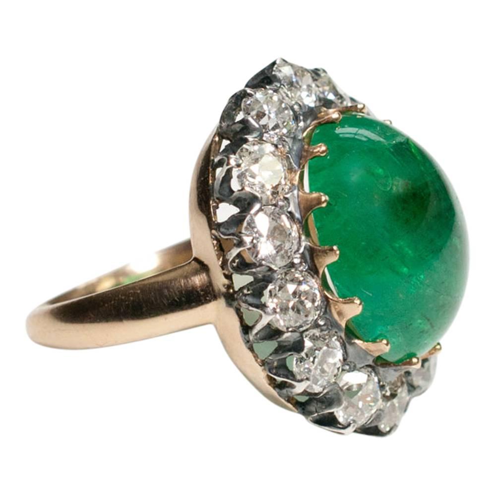 Antique Victorian Cabochon Emerald Diamond Silver Ring For Sale 1