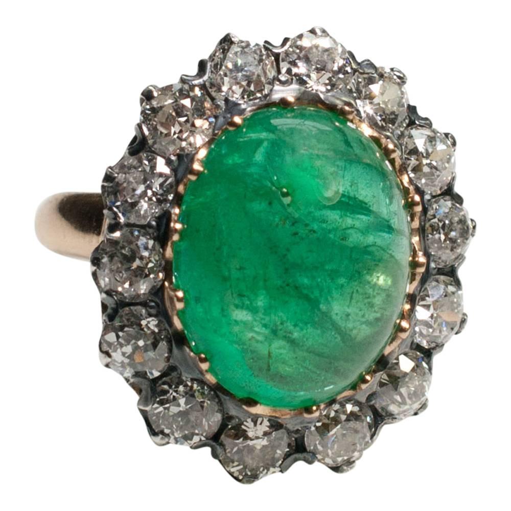 Antique Victorian Cabochon Emerald Diamond Silver Ring For Sale 2