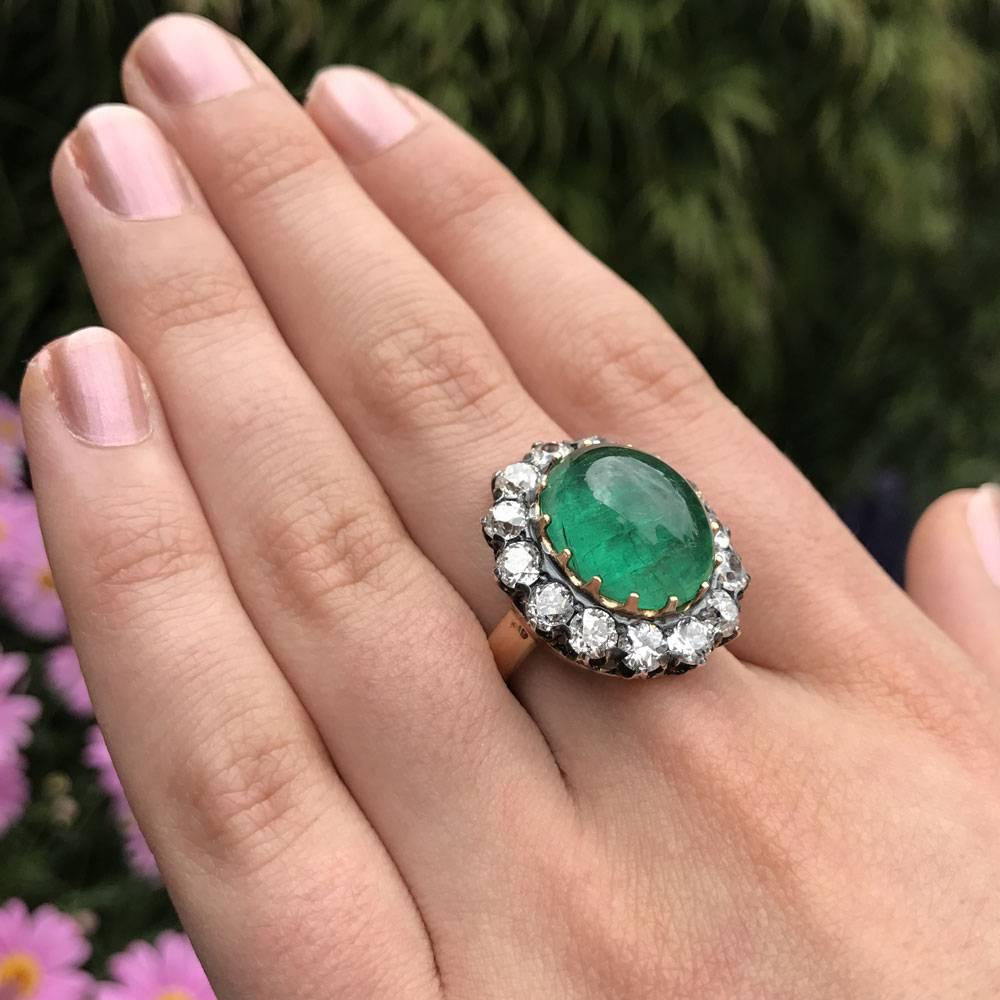 Antique Victorian Cabochon Emerald Diamond Silver Ring For Sale 4