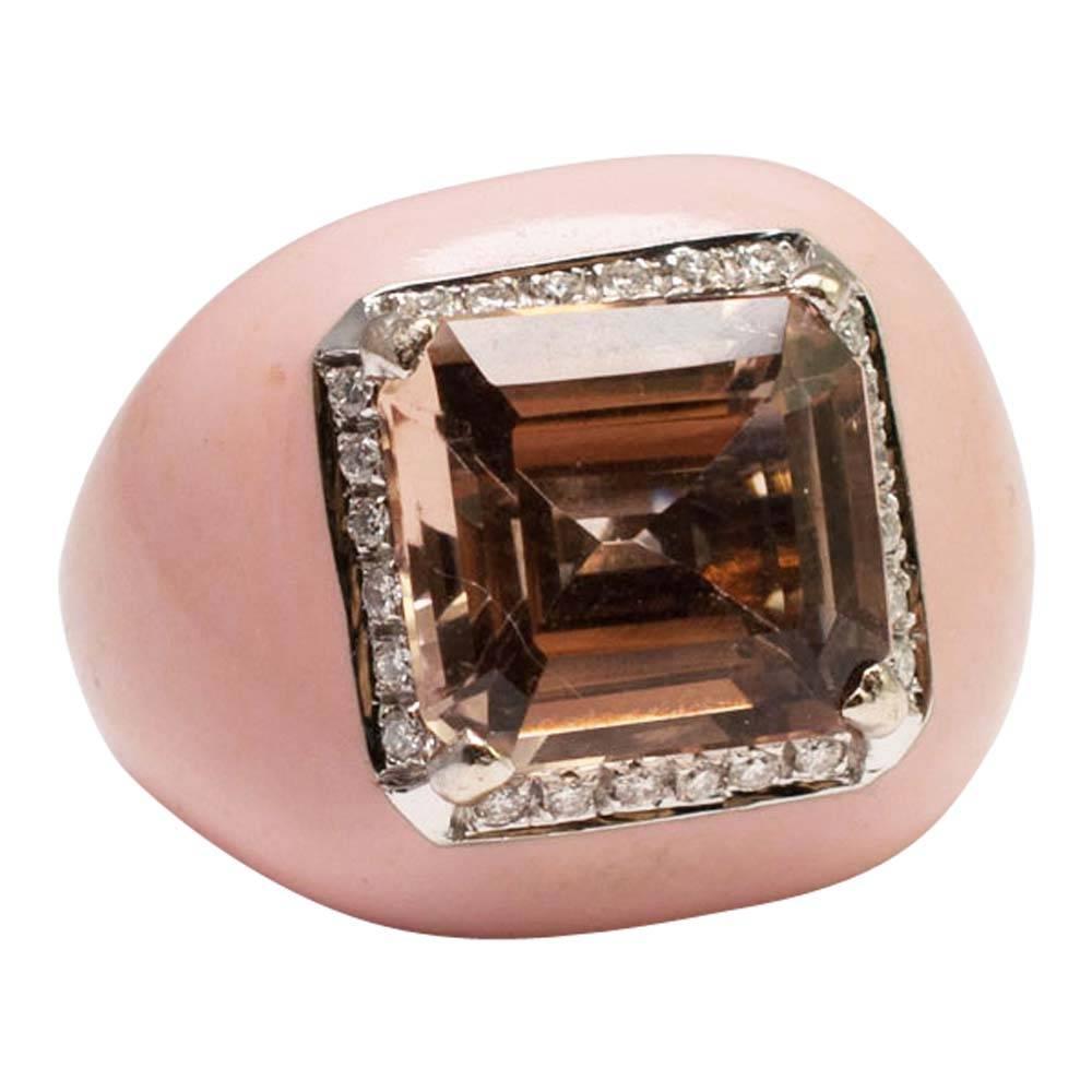 Morganite Diamond Pink Enamel Gold Cocktail Ring In Excellent Condition For Sale In ALTRINCHAM, GB