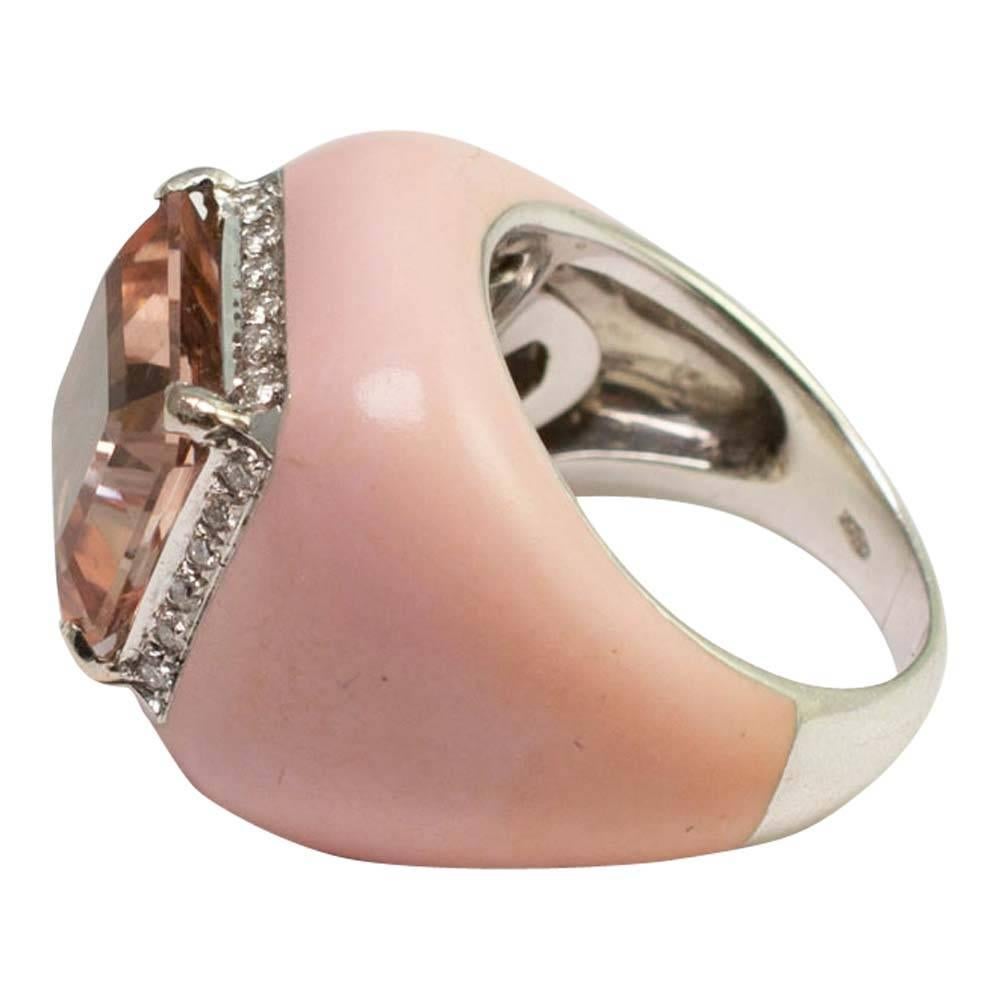 Women's Morganite Diamond Pink Enamel Gold Cocktail Ring For Sale