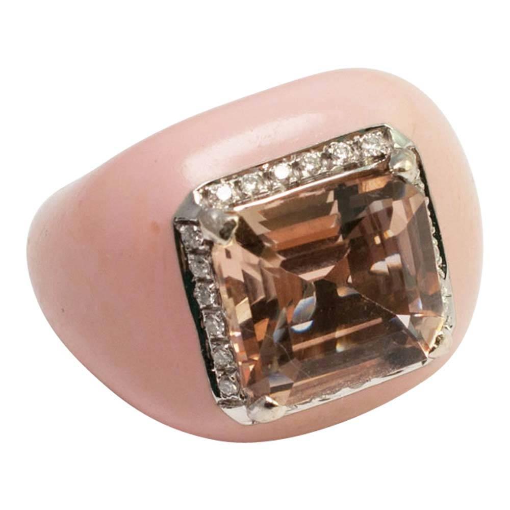 Morganite Diamond Pink Enamel Gold Cocktail Ring For Sale 1