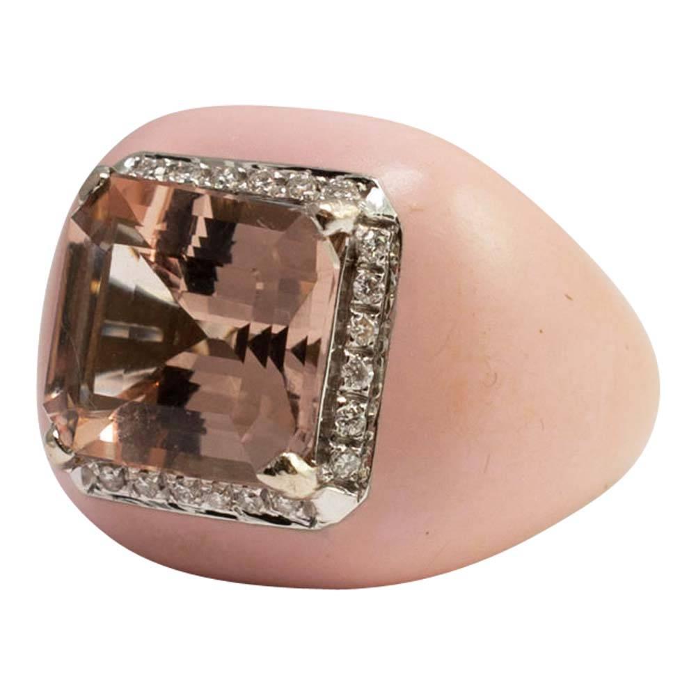 Morganite Diamond Pink Enamel Gold Cocktail Ring For Sale 2