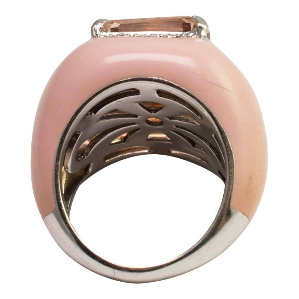 Morganite Diamond Pink Enamel Gold Cocktail Ring For Sale 3