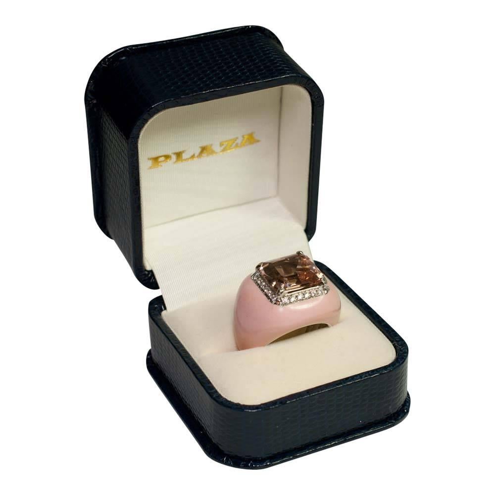Morganite Diamond Pink Enamel Gold Cocktail Ring For Sale 4