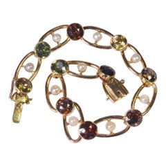 Antique Edwardian Tourmaline Garnet Pearl Gold Bracelet