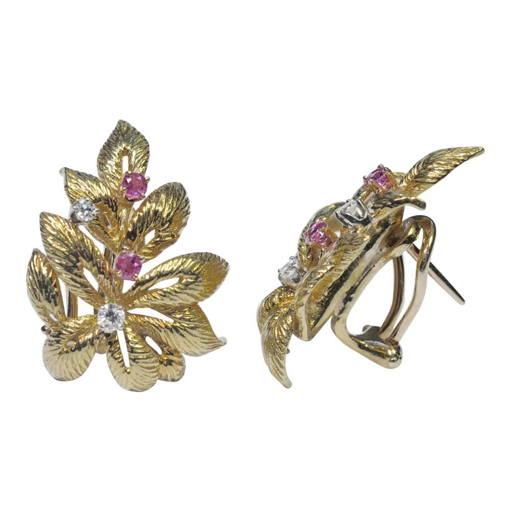 Women's Ruby Diamond Gold Leaf Earrings