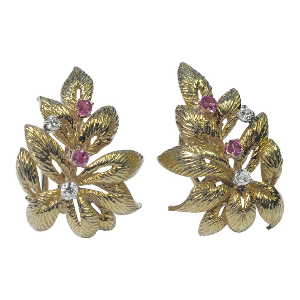 Ruby Diamond Gold Leaf Earrings 1