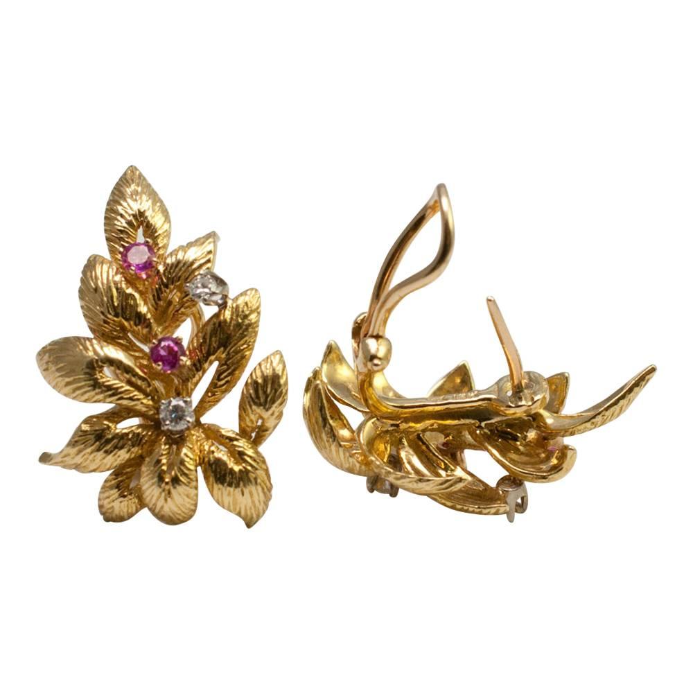 Ruby Diamond Gold Leaf Earrings 2