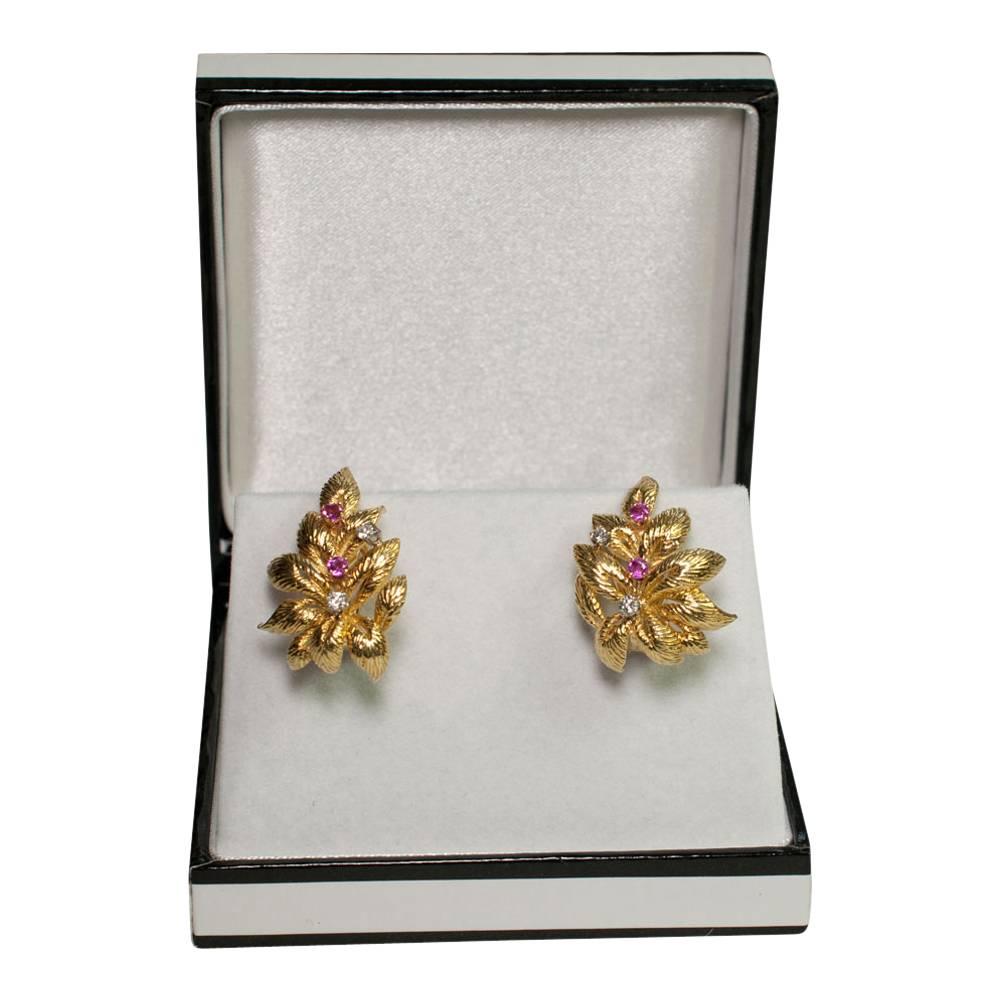 Ruby Diamond Gold Leaf Earrings 3