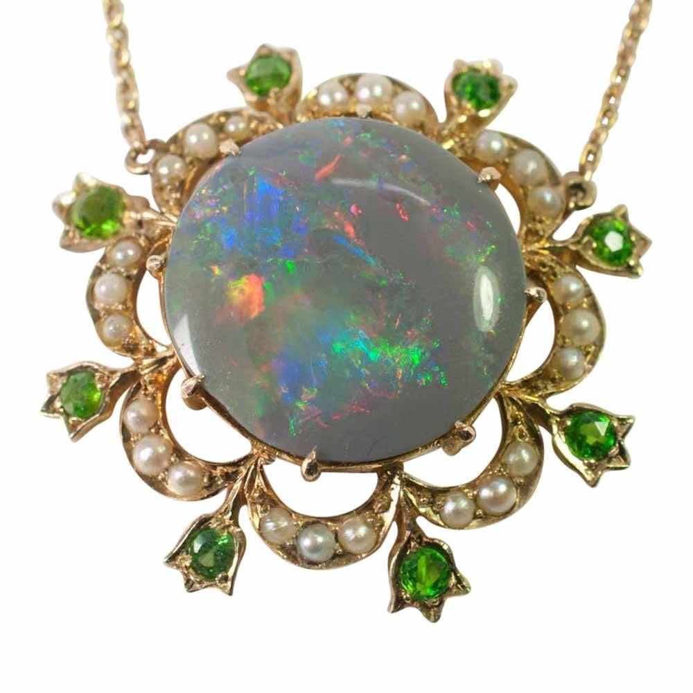 Edwardian Black Opal Demantoid Garnet Pearl Gold Pendant 1