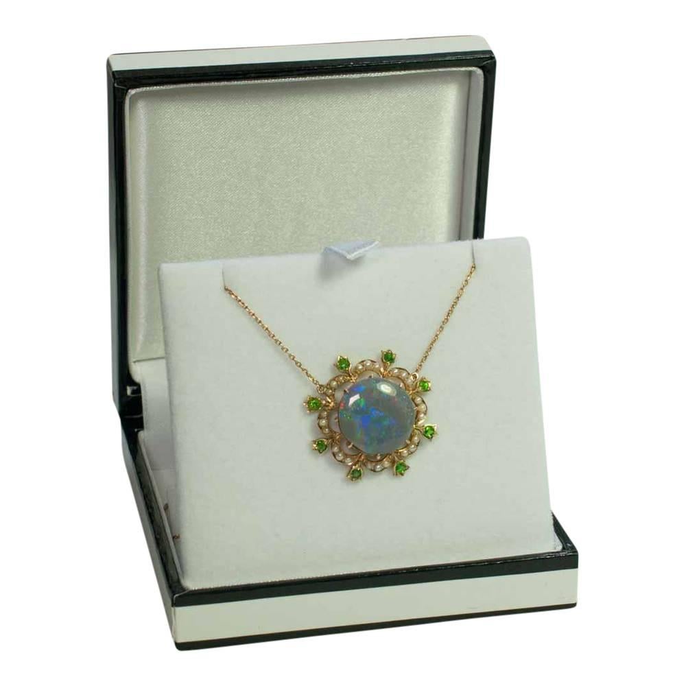 Edwardian Black Opal Demantoid Garnet Pearl Gold Pendant 2