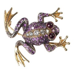 Pink Sapphire Diamond Gold Frog Pendant Brooch