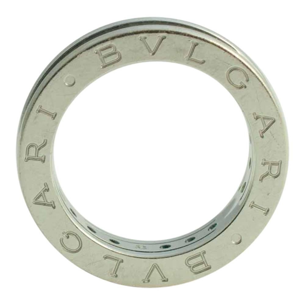 The iconic B Zero 1 ring by Bulgari, set with princess cut aquamarines in 18ct white gold.  Our ring has the letters BVLGARI around the top and bottom.  Weight 8.8gms.   Signed Bvlgari, 750 and carries the Italian maker's mark and registration