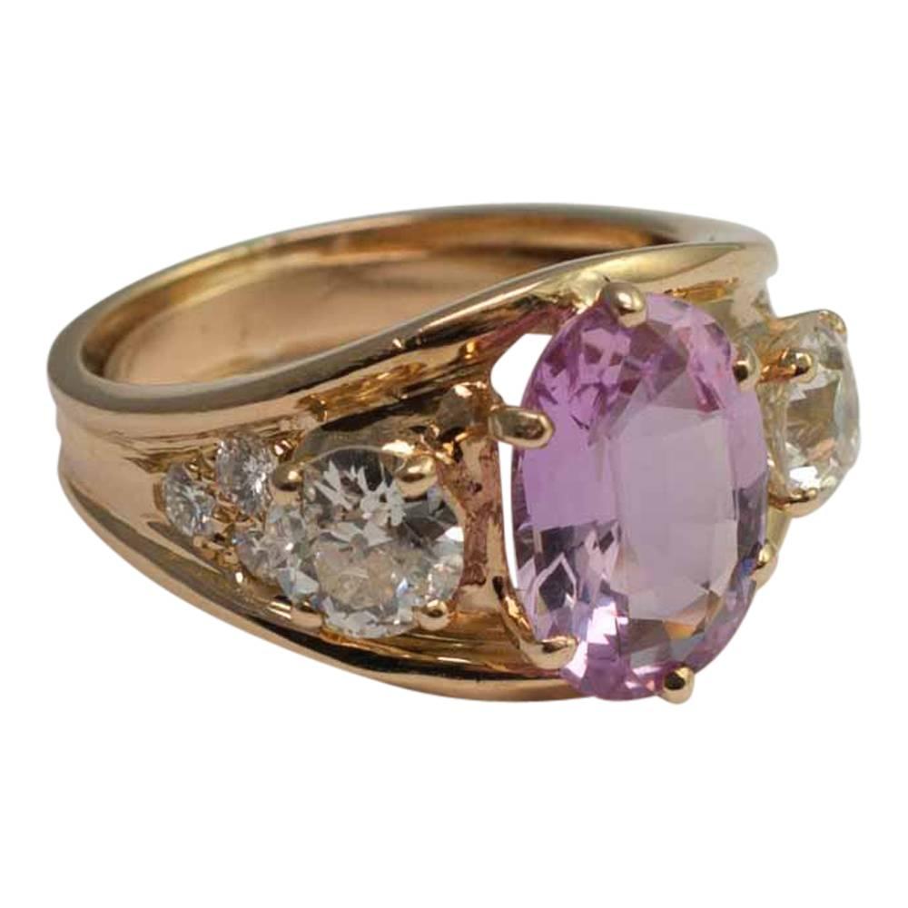 Pink Topaz and Diamond Three-Stone Ring In Excellent Condition For Sale In ALTRINCHAM, GB
