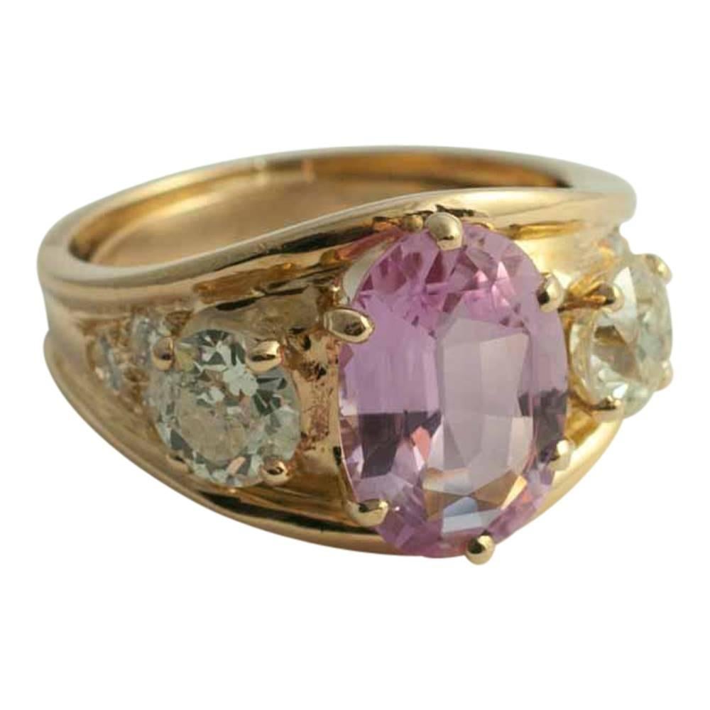 Pink Topaz and Diamond Three-Stone Ring For Sale 3