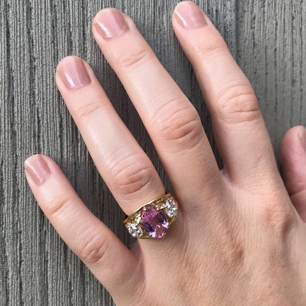Pink Topaz and Diamond Three-Stone Ring For Sale 5