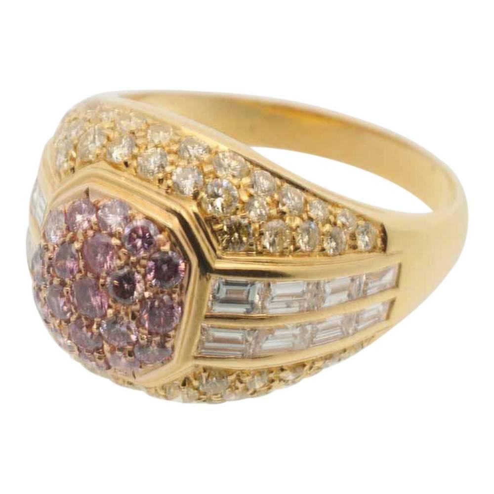 Pink Yellow White Diamond Bombé Gold Ring In Excellent Condition For Sale In ALTRINCHAM, GB