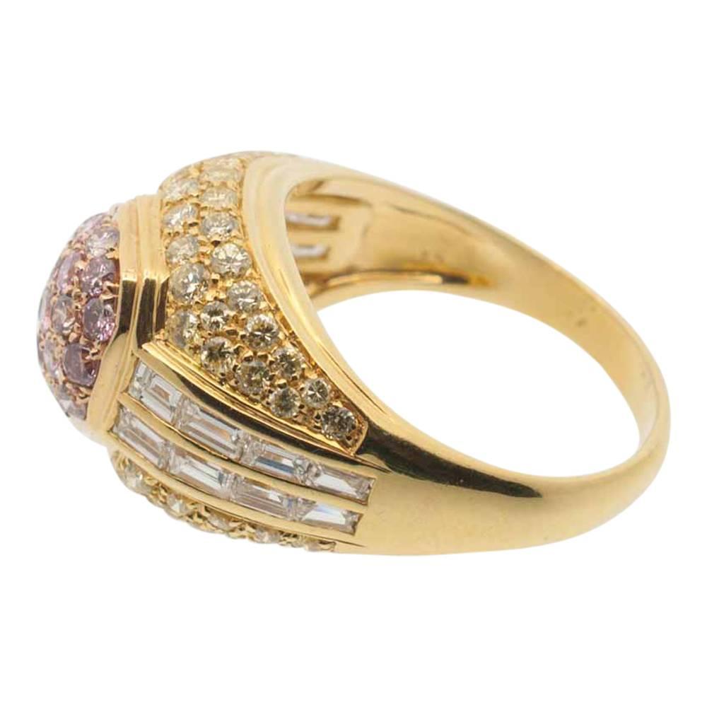 Women's or Men's Pink Yellow White Diamond Bombé Gold Ring For Sale