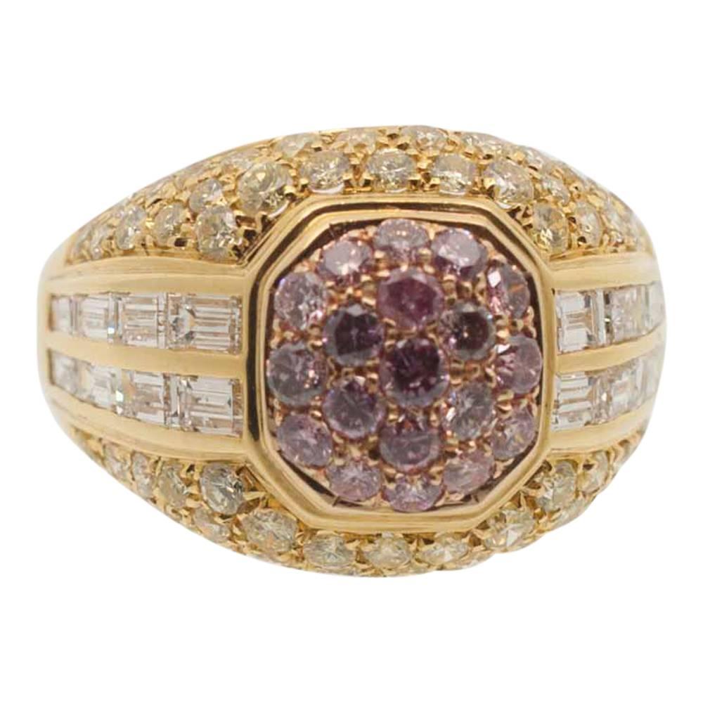 Pink Yellow White Diamond Bombé Gold Ring For Sale 1