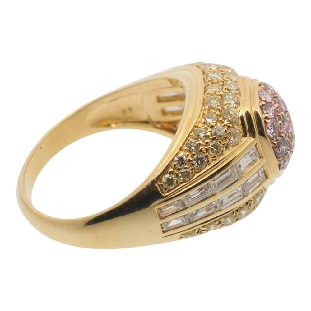 Pink Yellow White Diamond Bombé Gold Ring For Sale 3