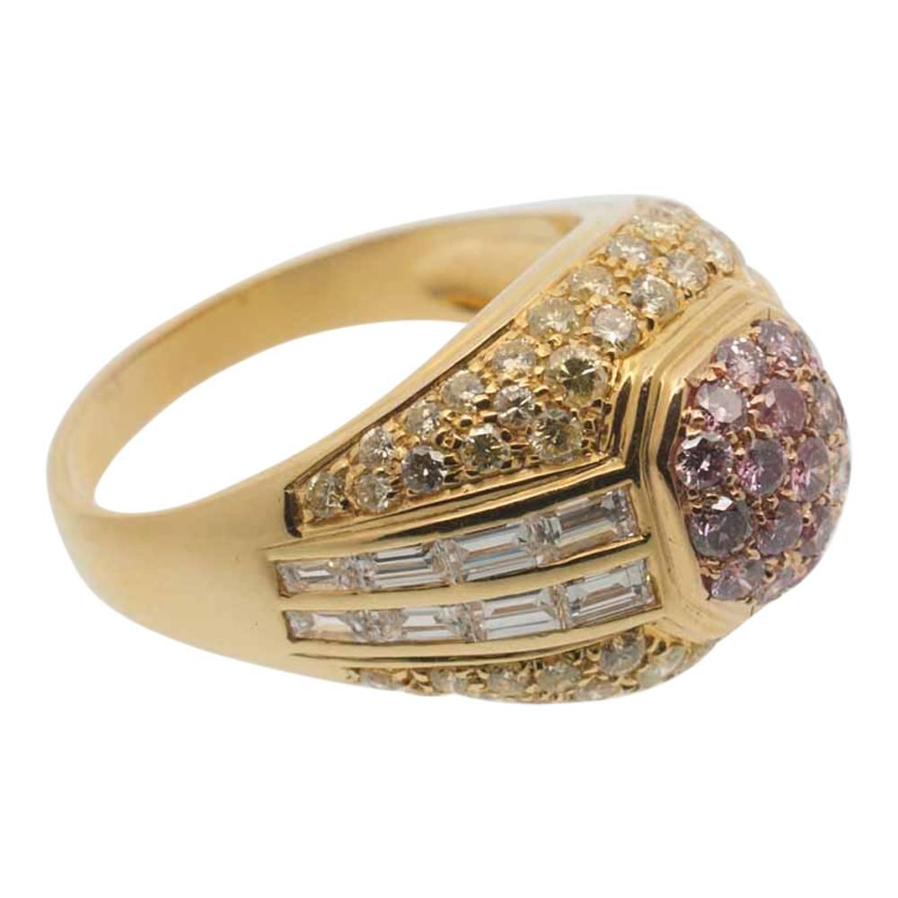 Pink Yellow White Diamond Bombé Gold Ring For Sale 4