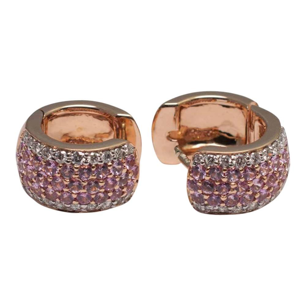 Round Cut Pink Sapphire and Diamond Hooped Earrings