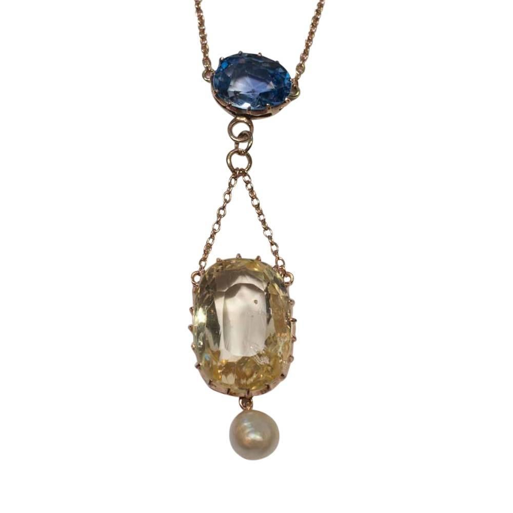 Edwardian Natural Yellow Blue Sapphire Pearl Gold Pendant Circa 1910  In Excellent Condition For Sale In ALTRINCHAM, GB