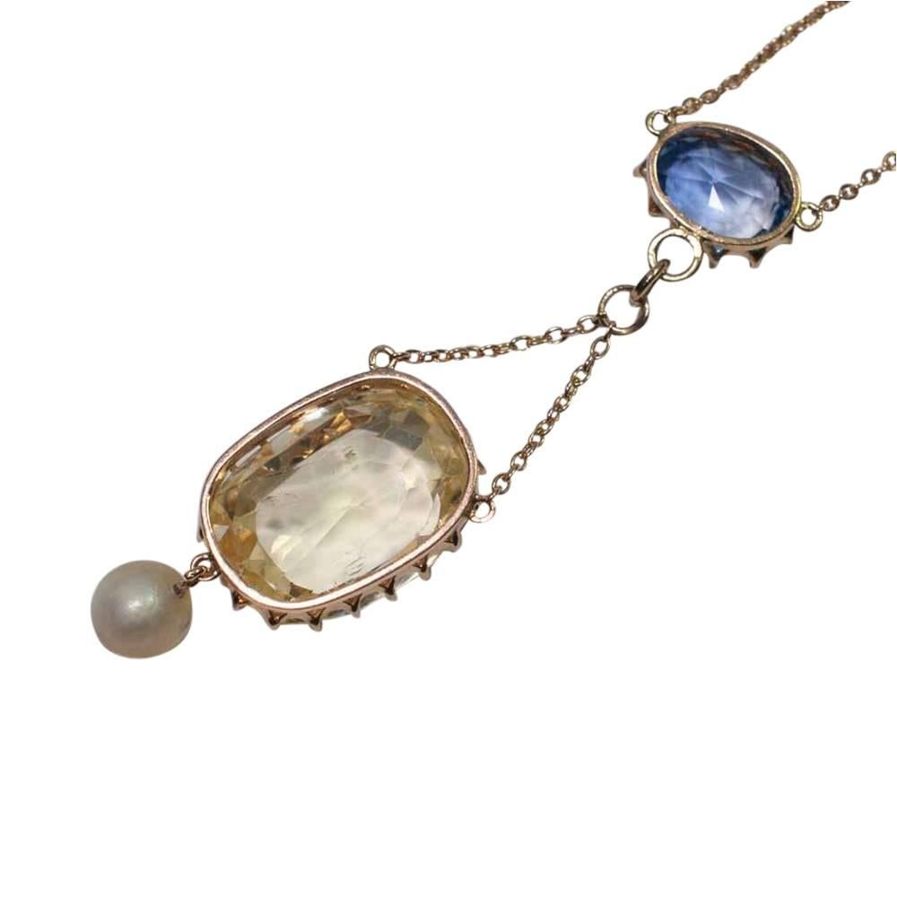 Edwardian Natural Yellow Blue Sapphire Pearl Gold Pendant Circa 1910  For Sale 1