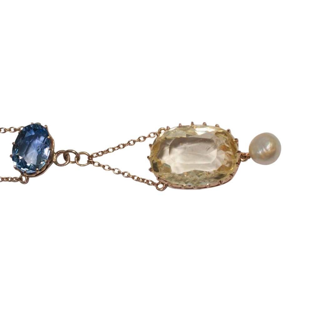 Edwardian Natural Yellow Blue Sapphire Pearl Gold Pendant Circa 1910  For Sale 3