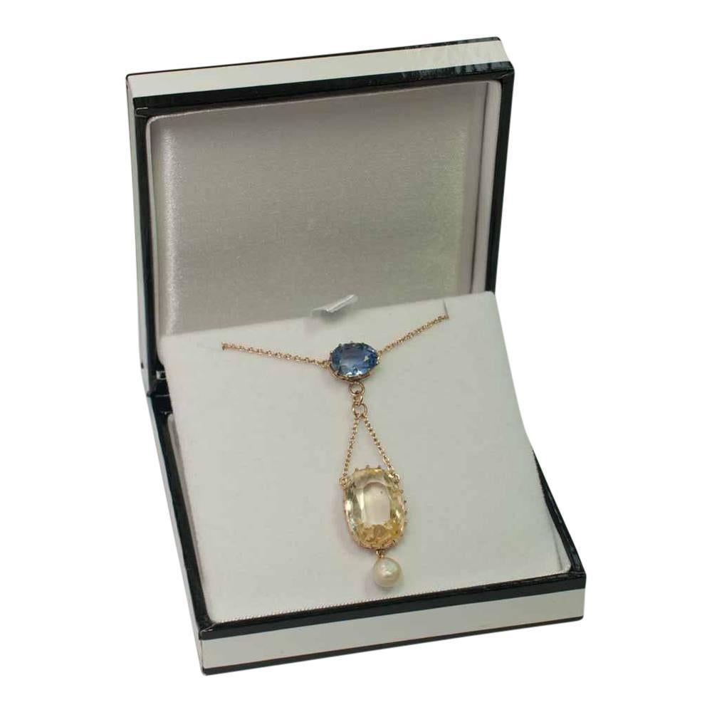Edwardian Natural Yellow Blue Sapphire Pearl Gold Pendant Circa 1910  For Sale 4