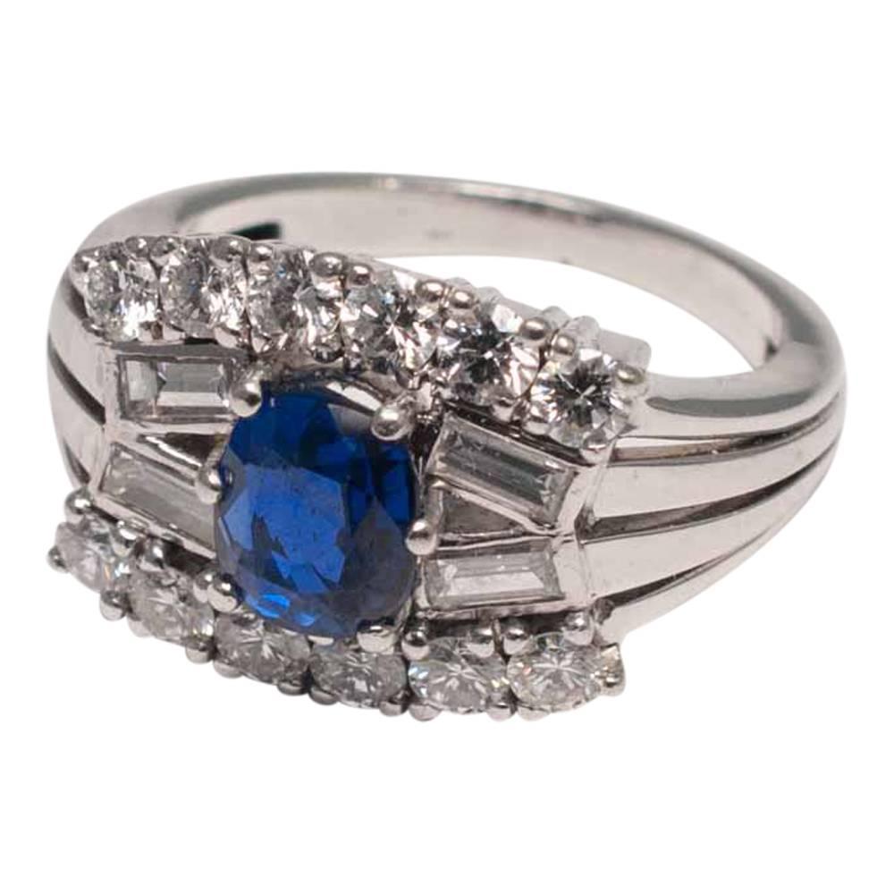 Baguette Cut Circa 1970 Midcentury Blue Sapphire Diamond Gold Engagement Band Ring