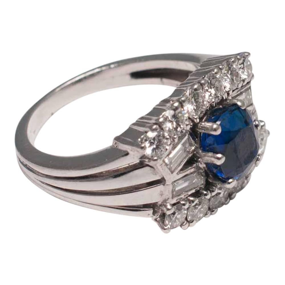 Circa 1970 Midcentury Blue Sapphire Diamond Gold Engagement Band Ring 1