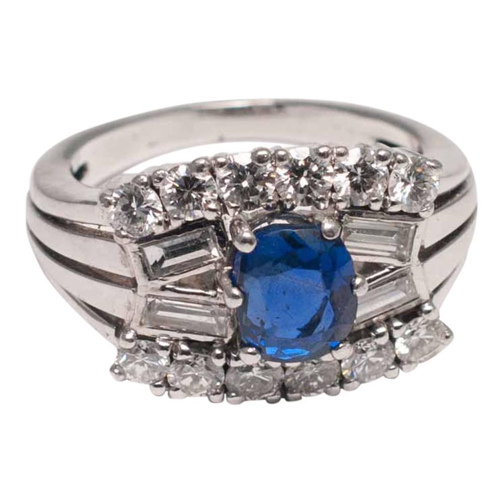 Circa 1970 Midcentury Blue Sapphire Diamond Gold Engagement Band Ring 4