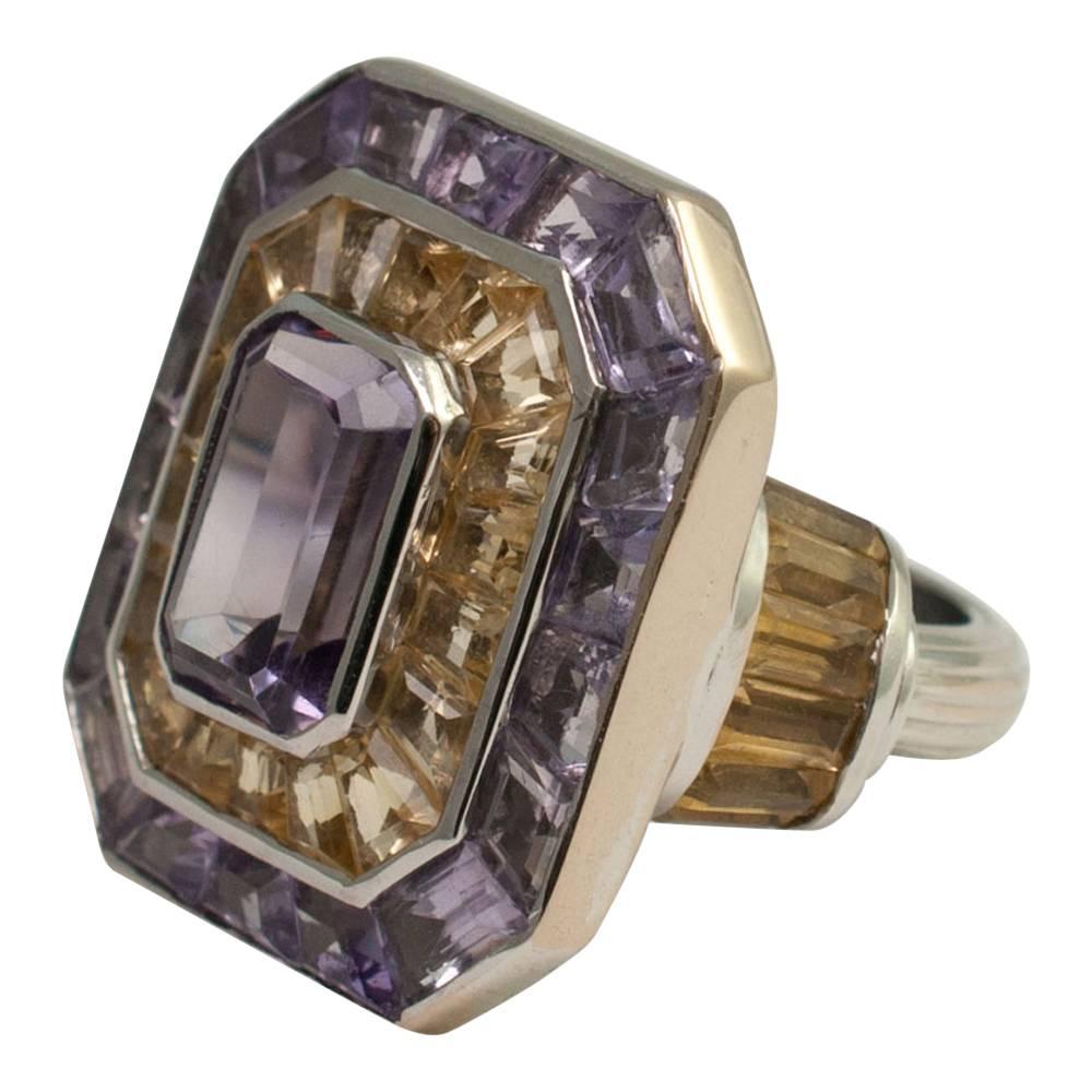 Emerald Cut Theo Fennell Gold Amethyst Citrine Rumba Ring For Sale