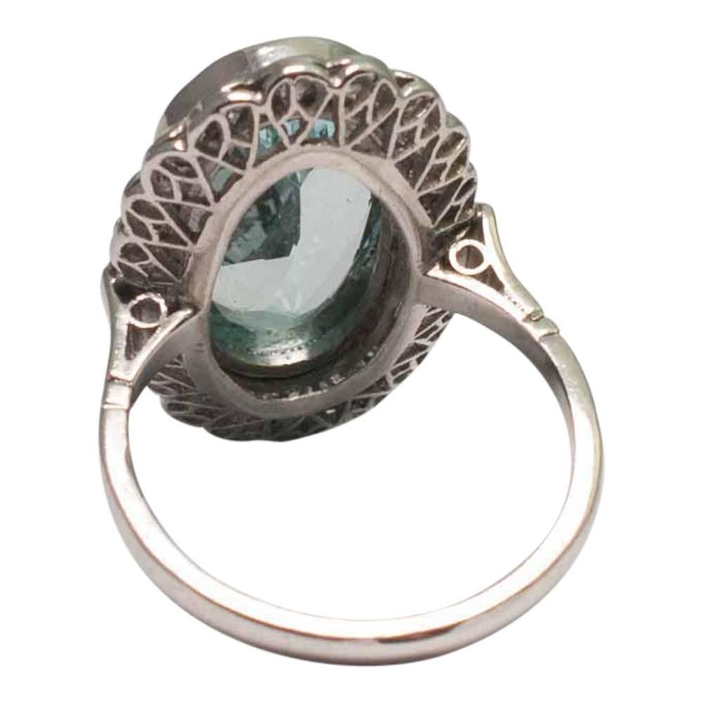 Women's Large Vintage Oval Aquamarine Diamond Platinum Ring