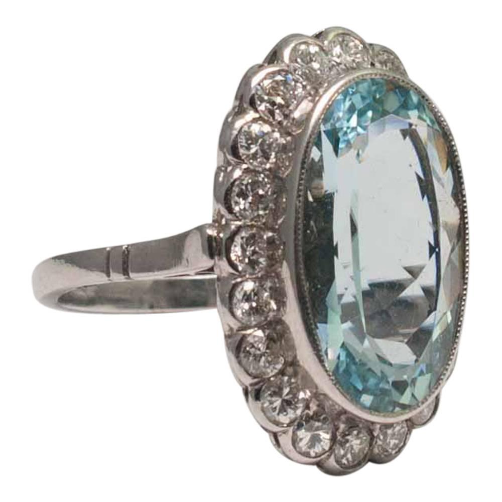 Large Vintage Oval Aquamarine Diamond Platinum Ring 2
