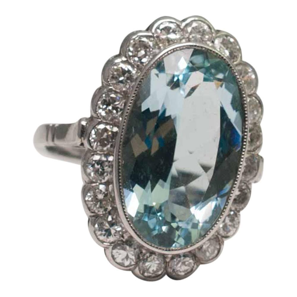 Large Vintage Oval Aquamarine Diamond Platinum Ring 3