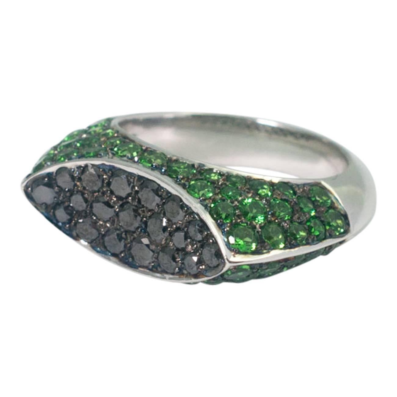 Contemporary Chatila Tsavorite Garnet Black Diamond Ring For Sale