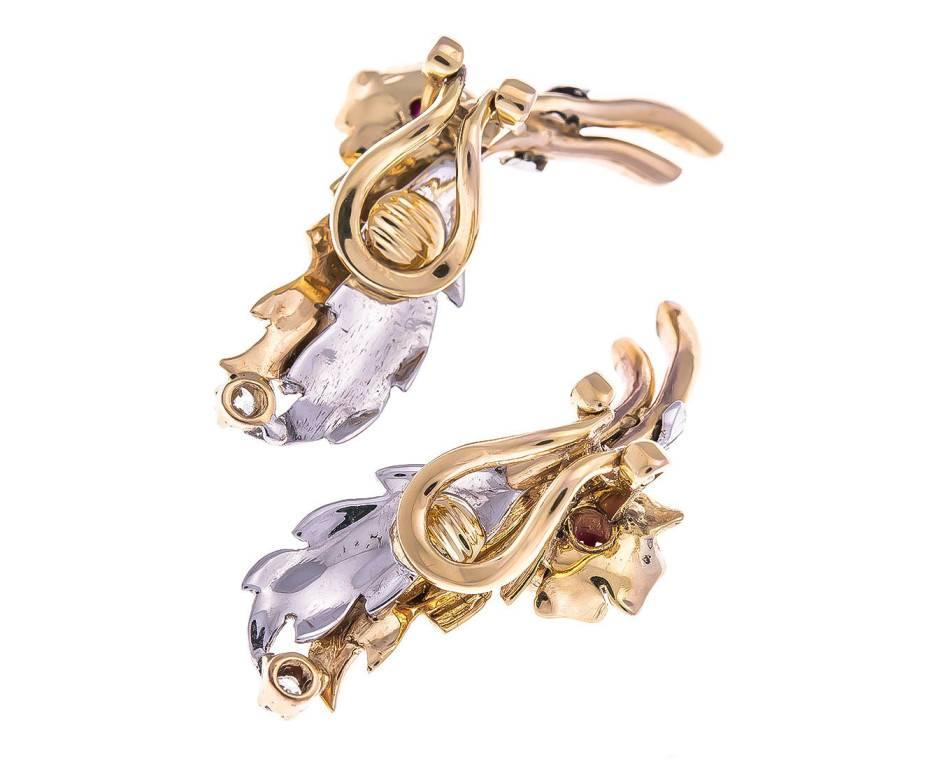 Retro  Ruby Diamond Gold Flower Clip-On Earrings For Sale