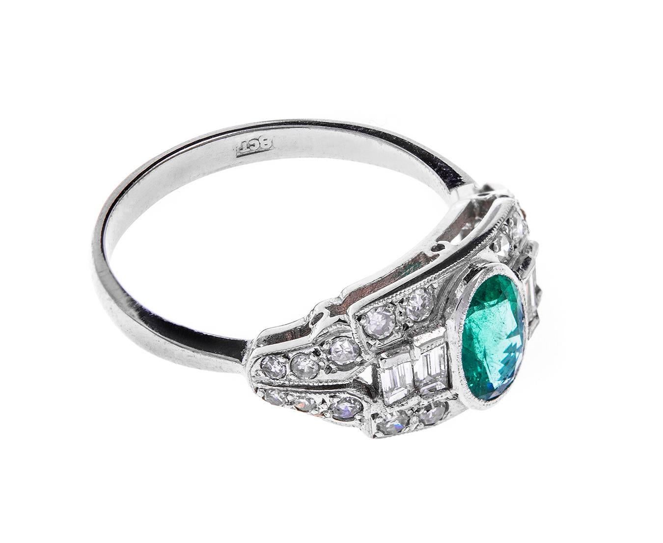 Women's Art Deco 0.64 Carat Emerald Diamond White Gold Cocktail Ring