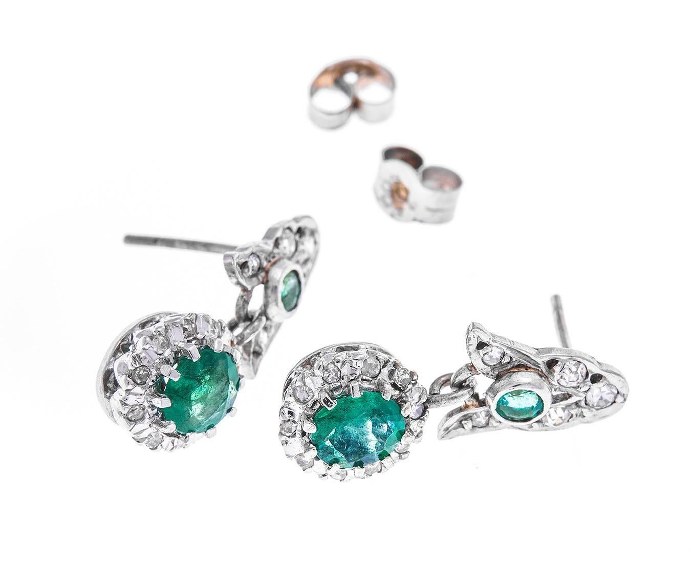 Edwardian 0.77 Carat Emerald Diamond Gold Drop Stud Earrings