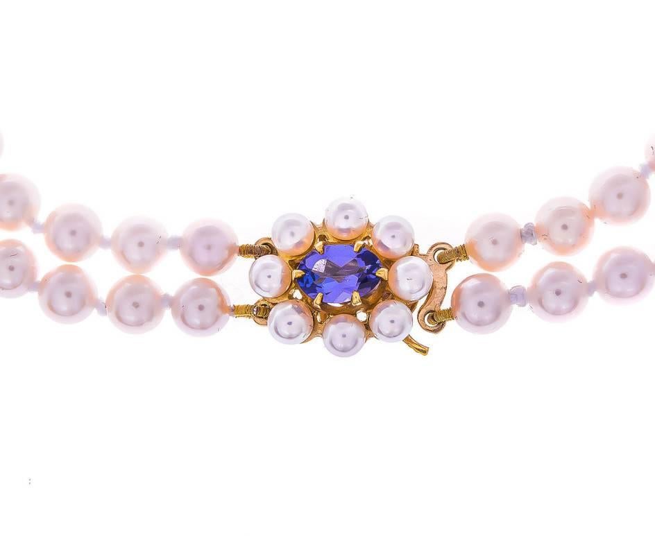 Retro Double Row Akoya Pearl Necklace with Gold Tanzanite Clasp