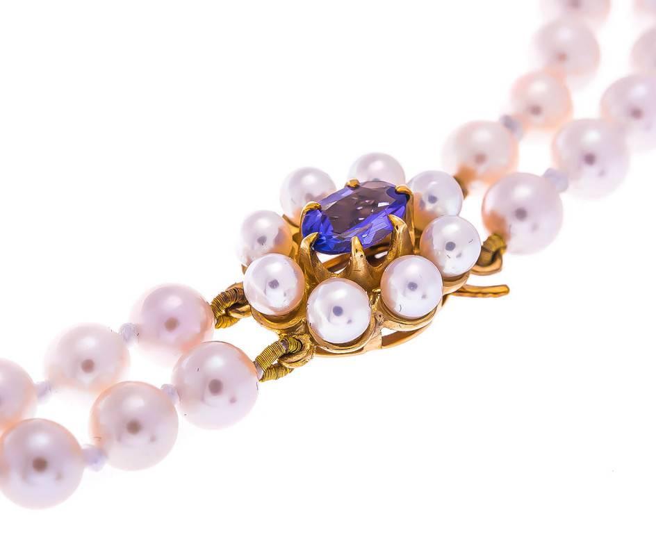 Double Row Akoya Pearl Necklace with Gold Tanzanite Clasp In Excellent Condition In Birmingham, GB