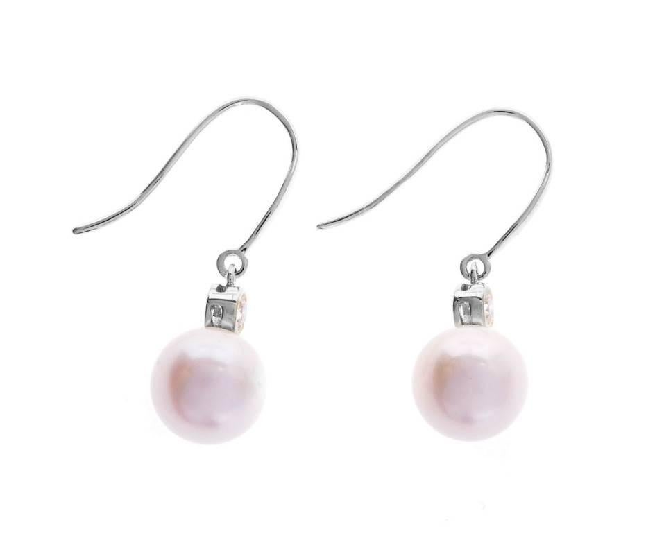 Modern 18 Carat White Gold Pearl and 0.26 Carat Diamond Pearl Drop Earrings For Sale