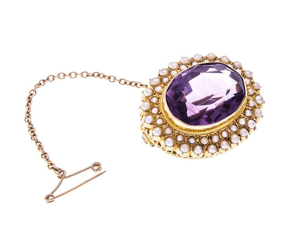 Victorian 15 Carat Gold Amethyst and Seed Pearl Brooch In Good Condition In Birmingham, GB